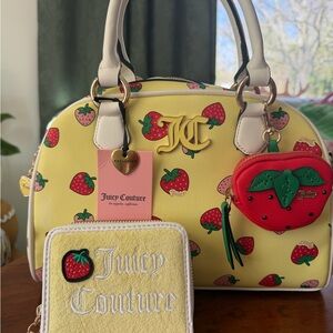 Juicy Couture Yellow Strawberry Print Dome Satchel with Red Strawberry Charm